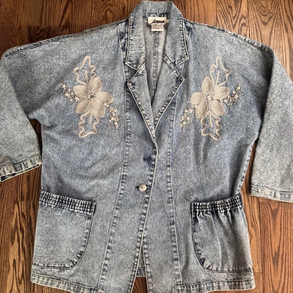 Vintage Jensen denim jacket embroidered floral design pearl embellishments Large